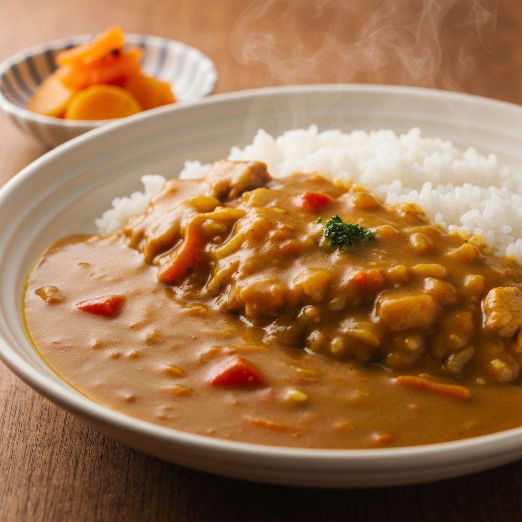 Japanese curry rice with golden-brown sauce and pickled daikon