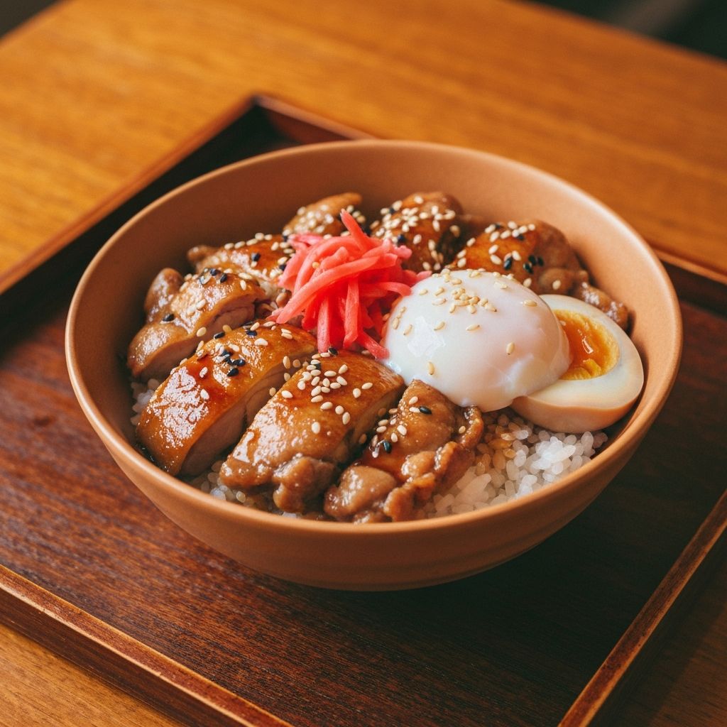 Japanese donburi rice bowl with teriyaki chicken and soft-boiled egg