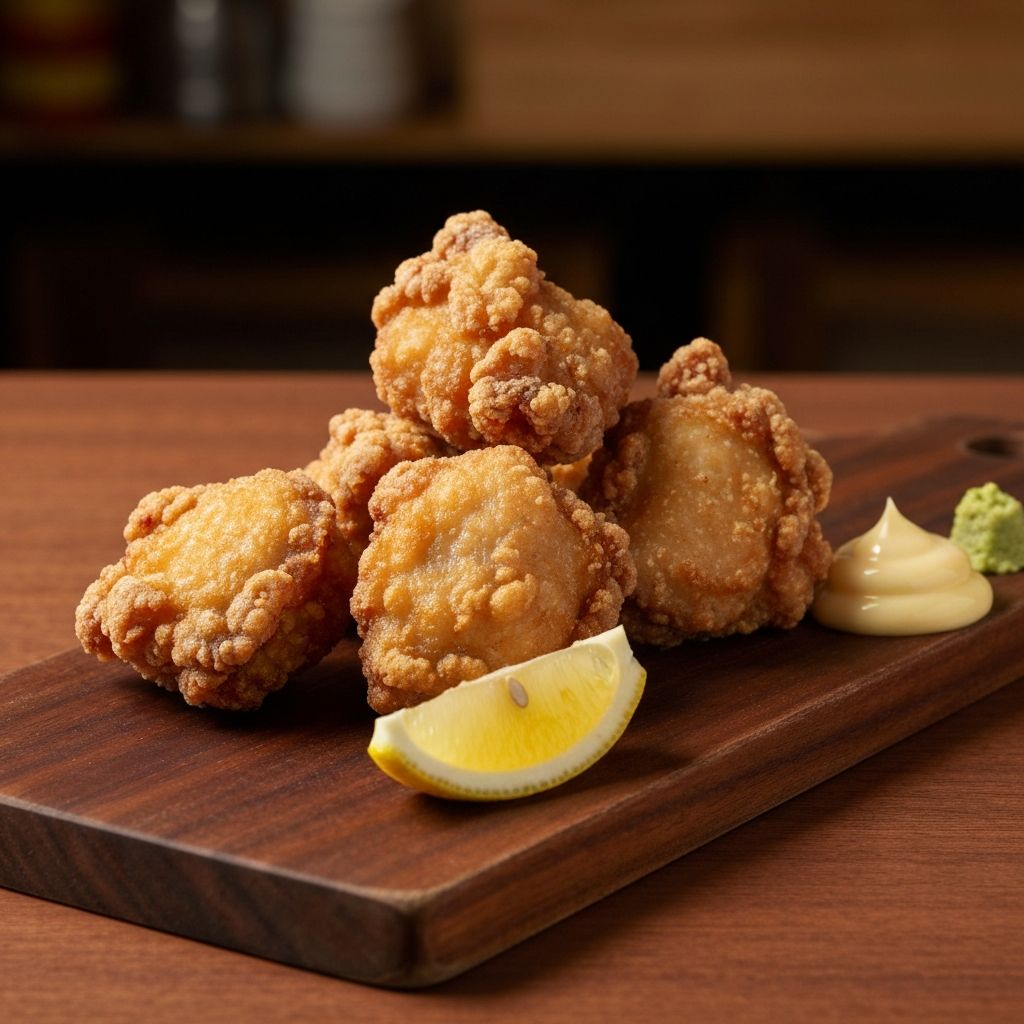 Golden crispy Japanese karaage fried chicken with lemon and dipping sauce