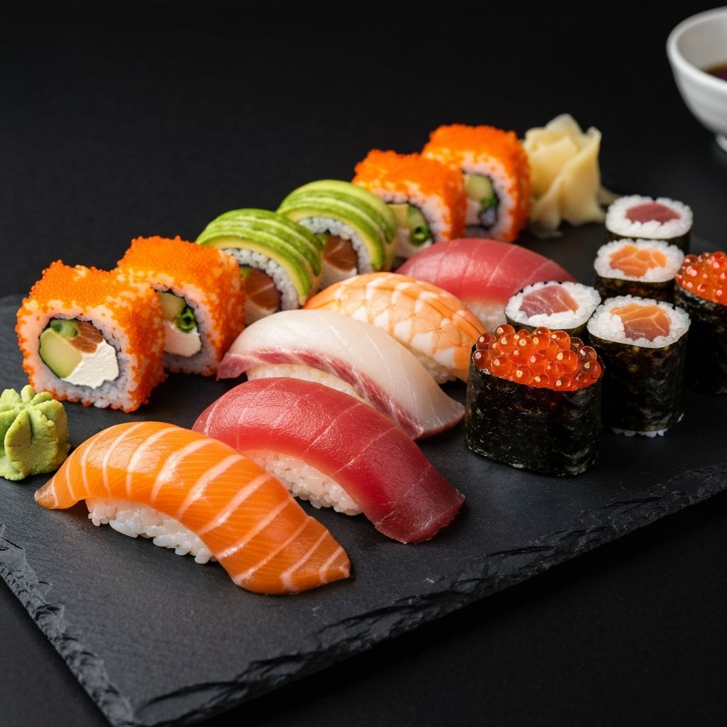 Assorted sushi box set with nigiri and maki rolls on a dark slate board