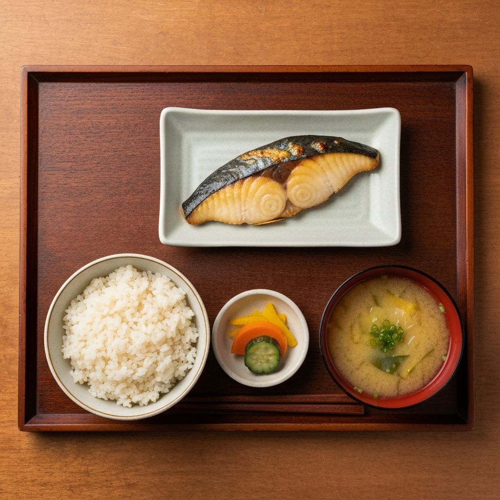 Japanese teishoku set meal with grilled fish, miso soup, rice, and pickles