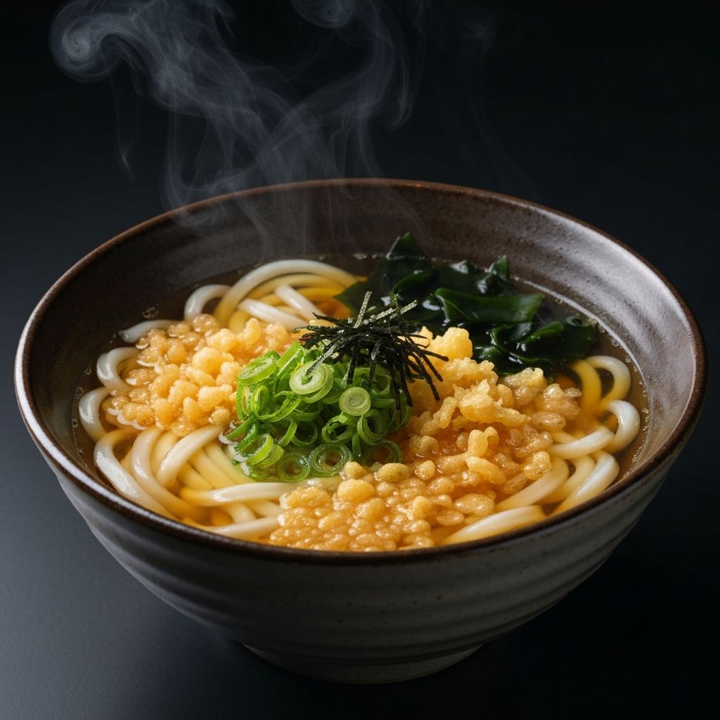 Japanese udon noodle soup in a deep ceramic bowl with golden broth